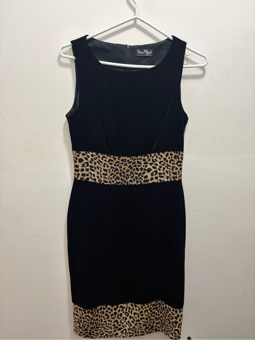 Vera Mont Black Velvet Sheath Dress with Leopard Waist and Hem